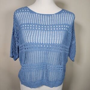 Mesh Sweater Womens Large‎ Crochet Open Knit Sexy Boho Beachy Baby Blue Top